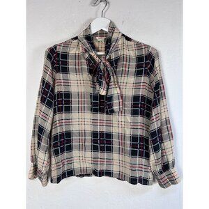 Jack Mulqueen Chemise Womens 100% Silk Plaid Tie Neck Blouse Beige Red